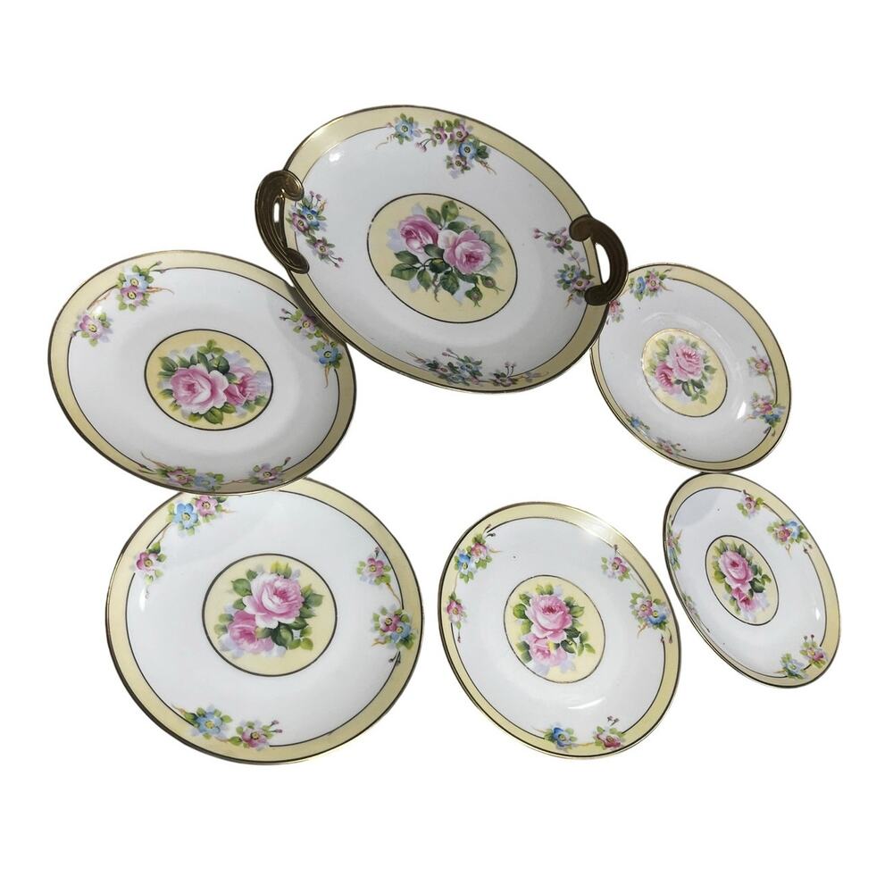 Vintage Nippon Cake Plate w/Gold Handles & 5 Dessert Plates Handpaint Pink Roses